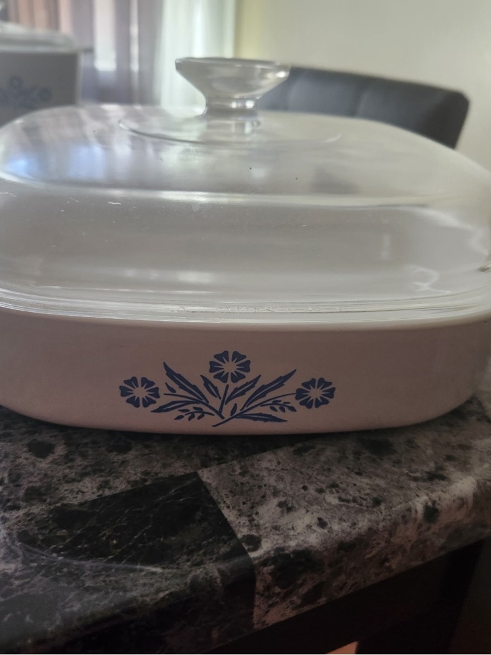 Corningware White Casserole Dish with Blue Floral Design and Glass Lid